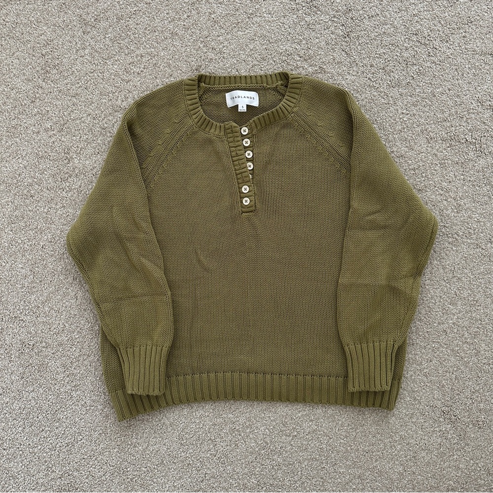 Tradlands Olive Green Cotton Henley Sweater - Picture 2 of 6
